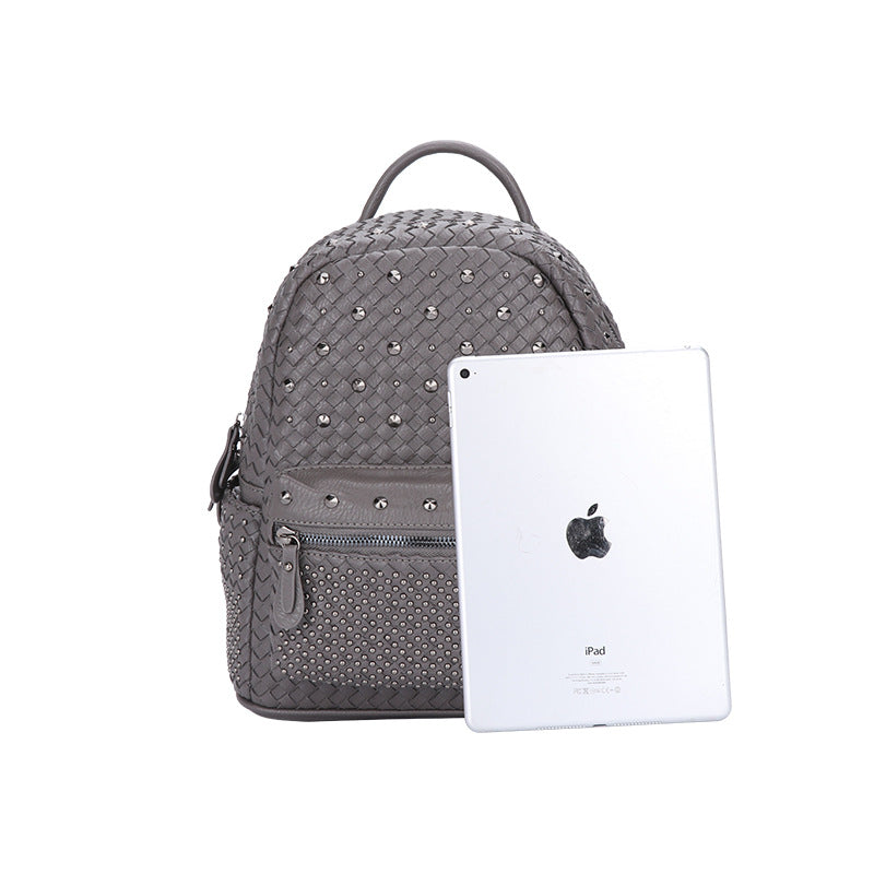 双肩包包女2025新款潮单肩斜挎两用女包时尚编织铆钉背包一件代发