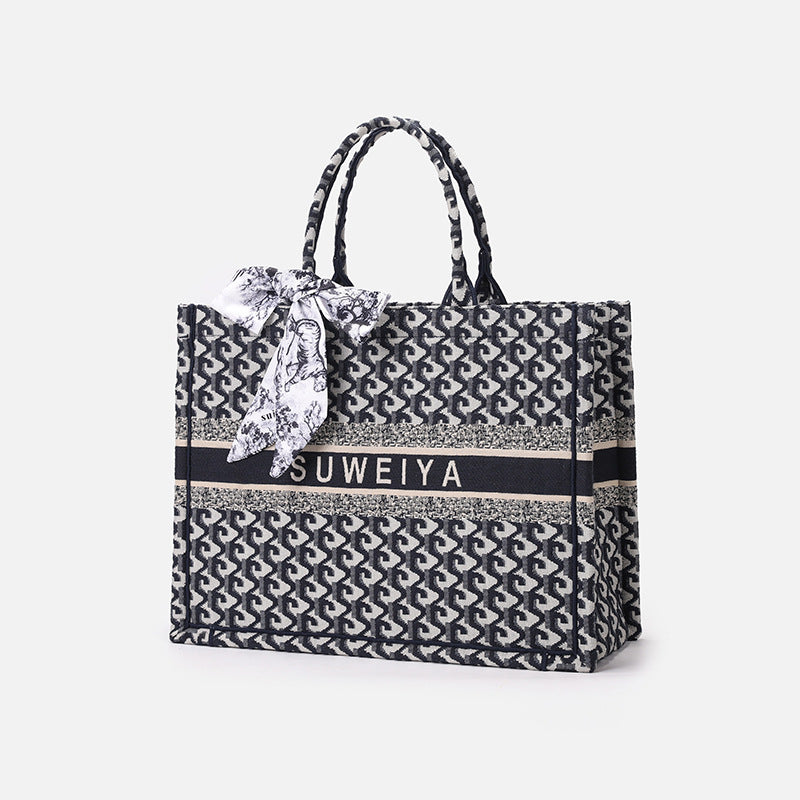 厂家定制棉麻刺绣针织托特包高级感大容量通勤手提包休闲风文件包