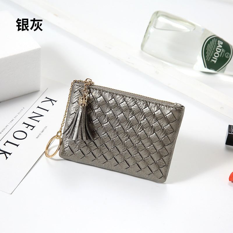 包包2025新款简约韩版女包拉链手拿包流苏迷你编织零钱包钥匙卡包