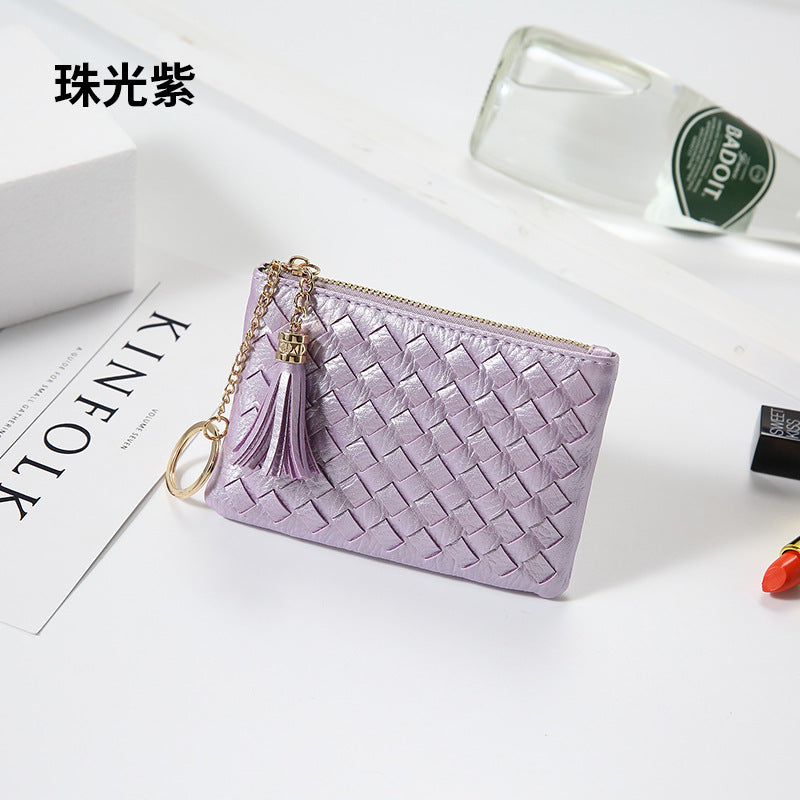 包包2025新款简约韩版女包拉链手拿包流苏迷你编织零钱包钥匙卡包