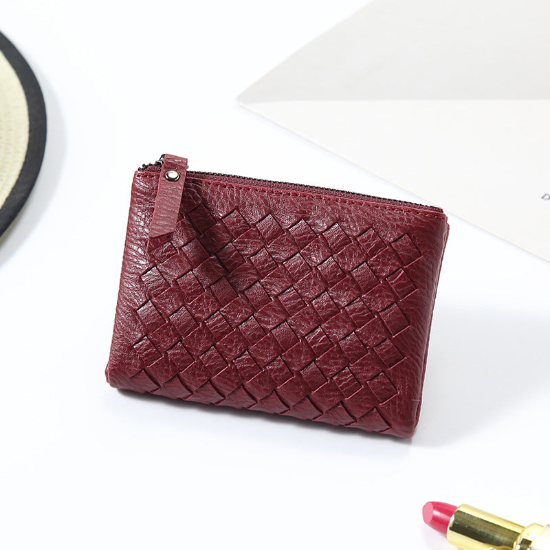 2024新款韩版时尚超薄双拉链搭两折编织女士短款钱包皮夹包