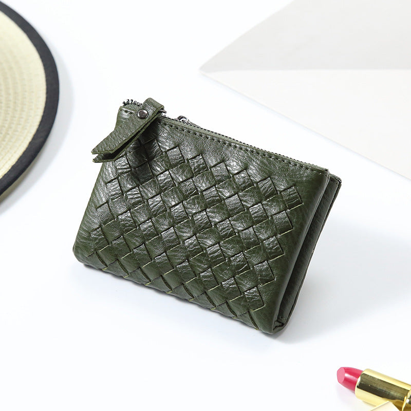 2024新款韩版时尚超薄双拉链搭两折编织女士短款钱包皮夹包