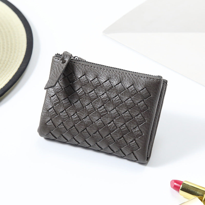2024新款韩版时尚超薄双拉链搭两折编织女士短款钱包皮夹包