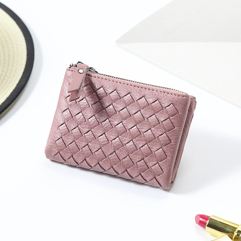 2024新款韩版时尚超薄双拉链搭两折编织女士短款钱包皮夹包