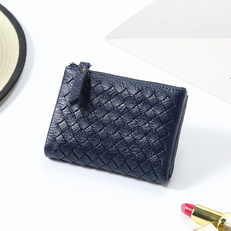 2024新款韩版时尚超薄双拉链搭两折编织女士短款钱包皮夹包