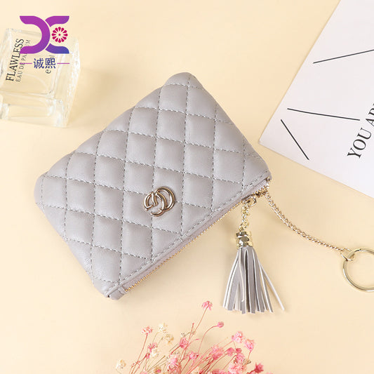 钱包女 2024新款韩版时尚短款菱格流苏手拿包零钱包 卡包一件代发
