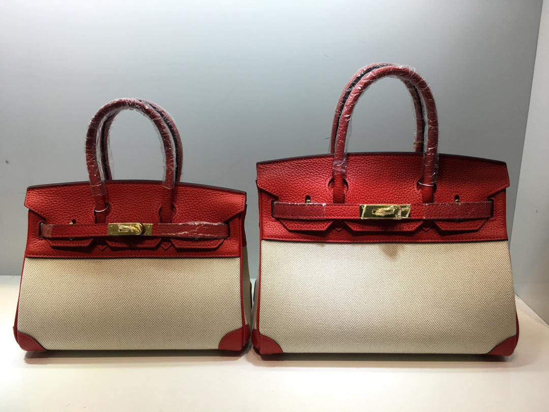 包包女2024新款潮手提包韩版时尚斜跨包女士牛皮配帆布铂金包包