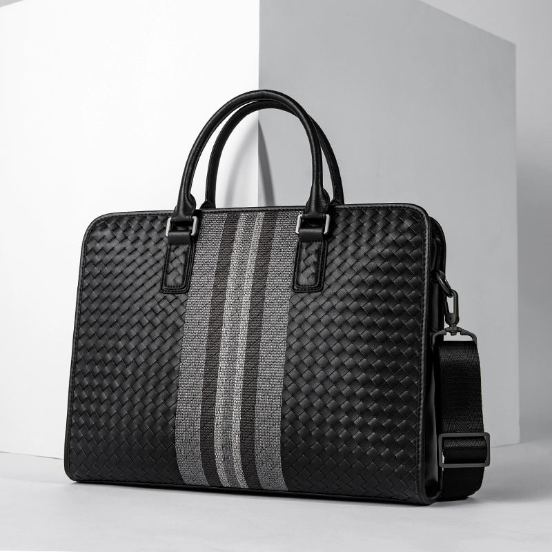 X&BV手提包男真皮商务休闲牛皮编织公文包男士包包单肩斜挎电脑包