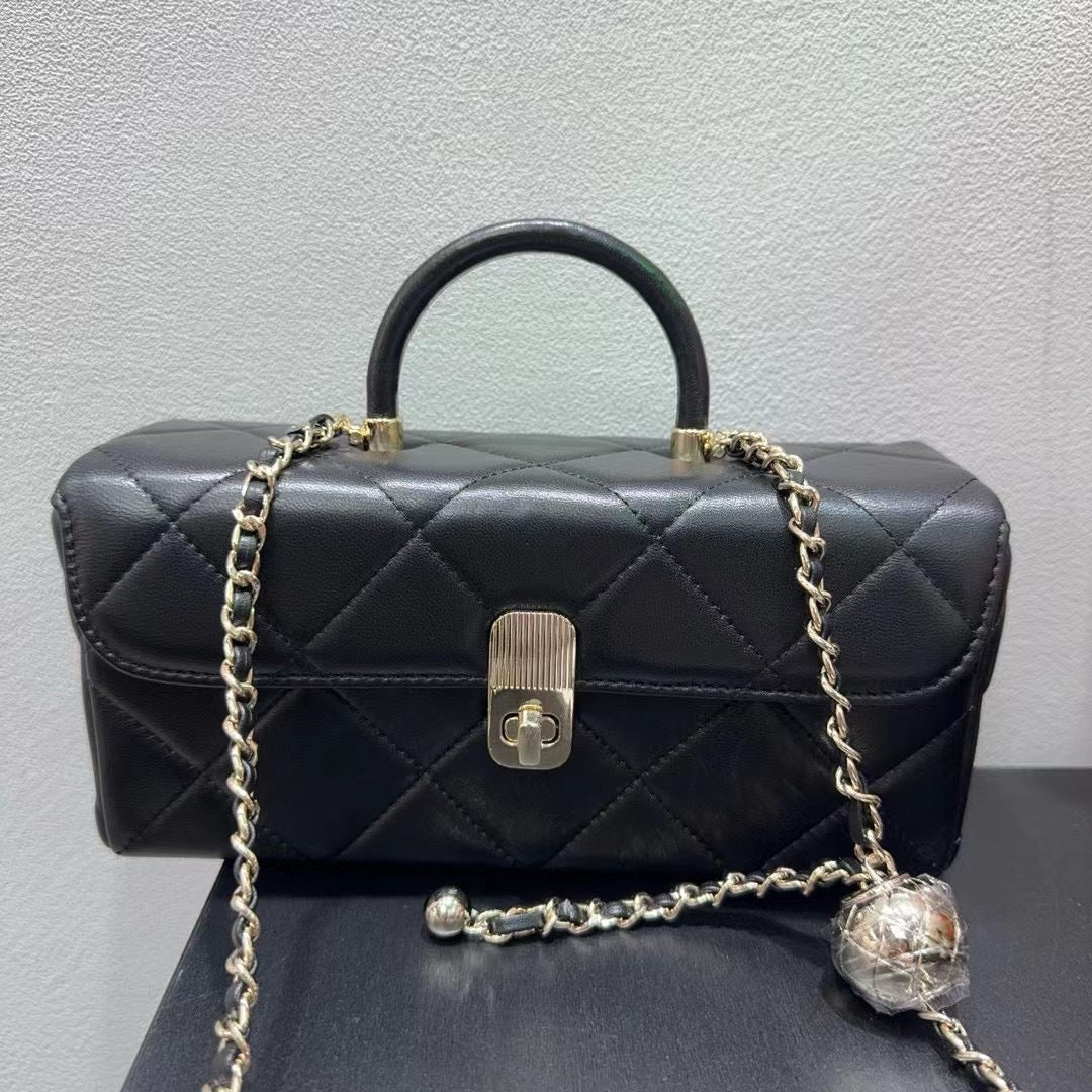 欧洲站真皮女包2024新款小众手提盒子包时尚高质感羊皮链条斜挎包