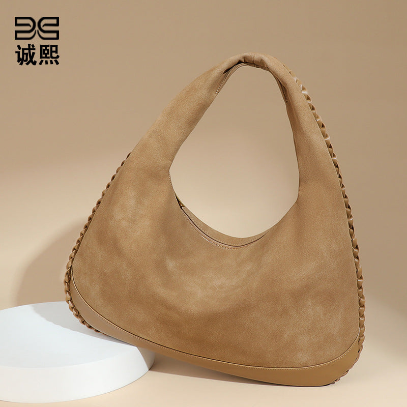 新款麂皮绒磨砂单肩女包复古大容量通勤腋下包手拎百搭时尚月牙包