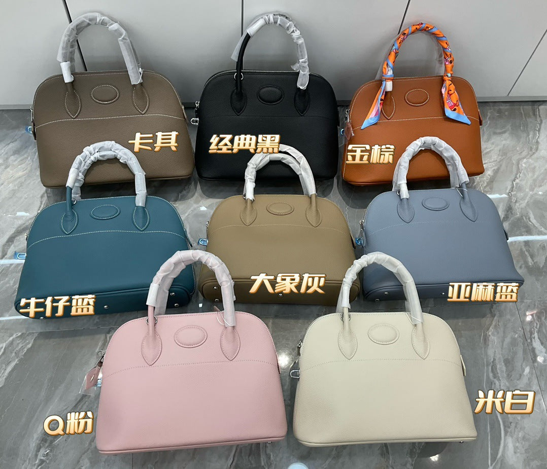 新款荔枝纹真皮贝壳包头层牛皮保龄球手提包拉链大容量通勤女包