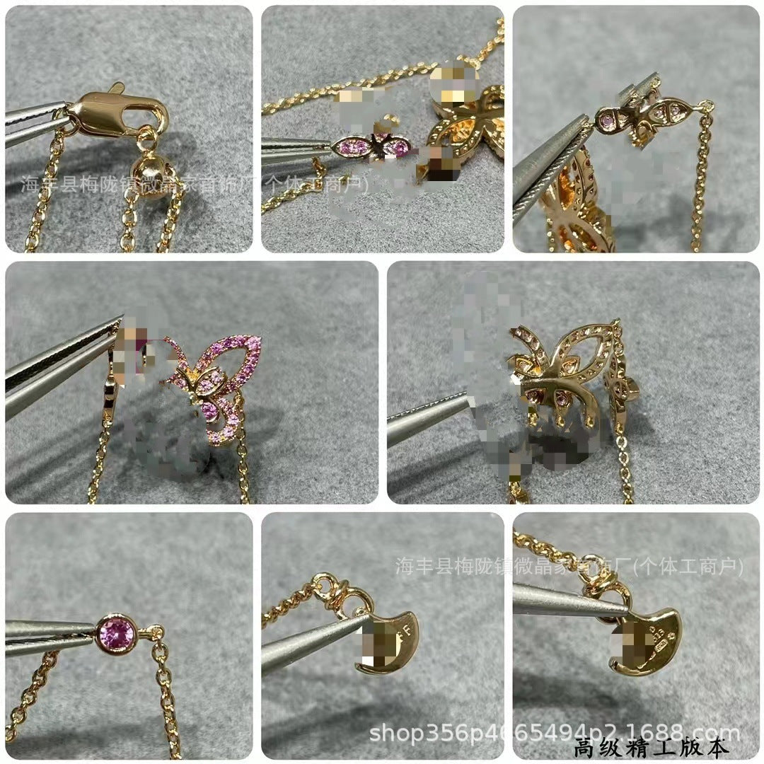 高版本格拉家幻影蝴蝶项链满钻双五蝴蝶粉钻925银镀18k玫瑰金V金