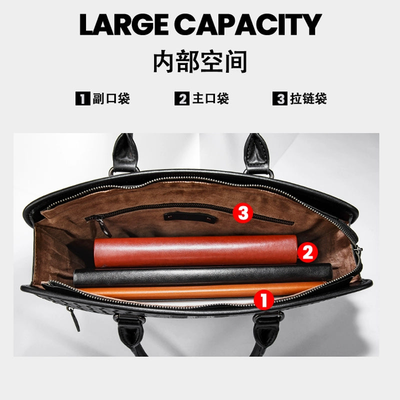 X&BV男士公文包商务手提包真皮编织男包单肩斜挎包牛皮电脑手拎包