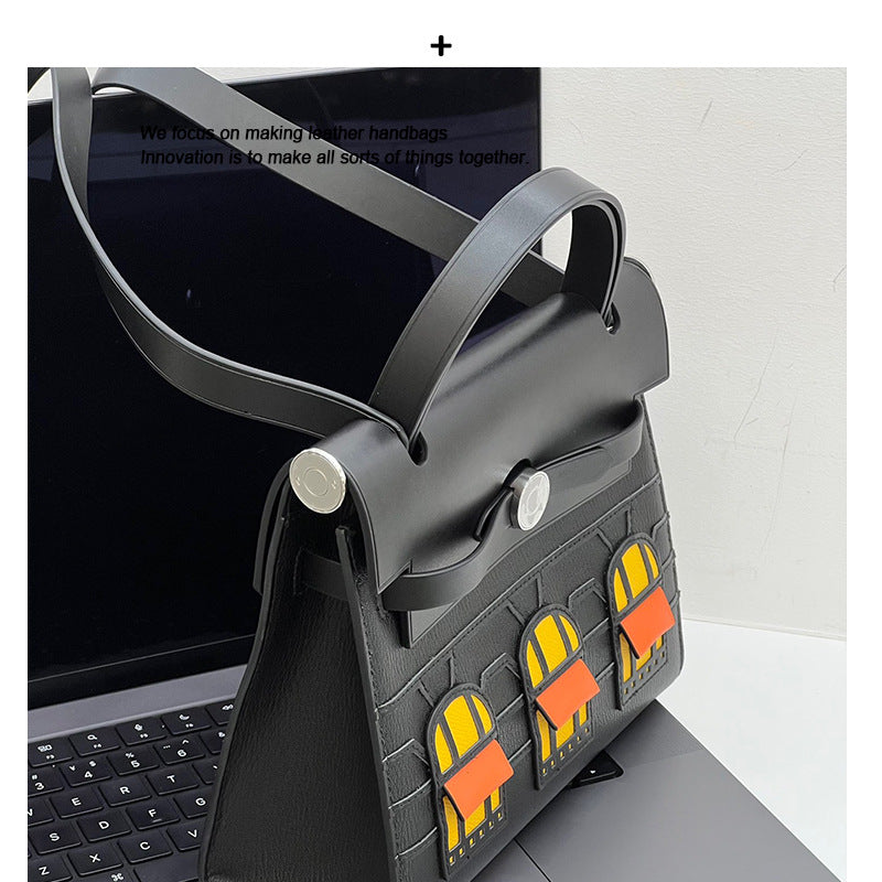 新款复古小房子包凯莉包时尚趣味撞色真皮小包包单肩斜挎牛皮女包