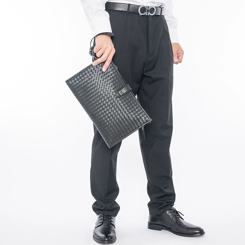 X&BV男士包包单肩斜挎包真皮休闲横款编织多功能大容量手拿包男潮