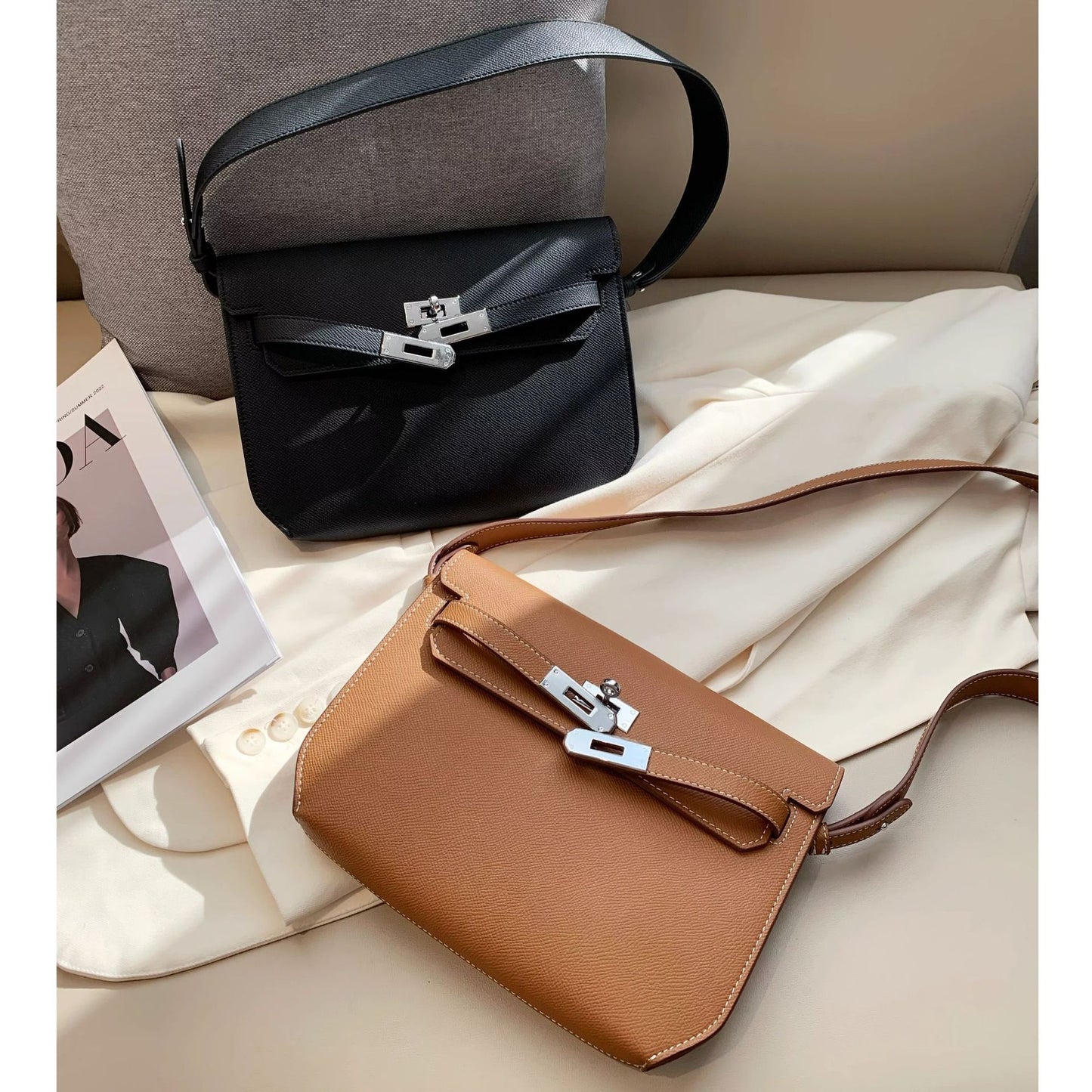 2023新款手掌纹牛皮凯莉包腋下包女单肩斜挎包复古通勤跳舞包真皮