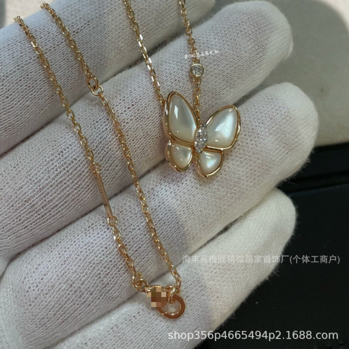高版本梵家白贝蝴蝶项链满钻马眼蝴蝶项链女镀18k玫瑰金厂家直销