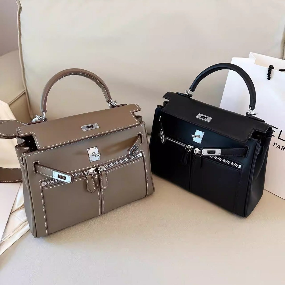 Swift皮 双口袋凯莉 lakis女高级感大容量手提包百搭通勤单肩斜挎