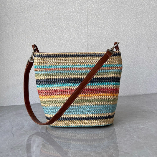 好品质~牛皮配拉菲草编织水桶包时尚百搭彩虹单肩包轻便斜跨女包
