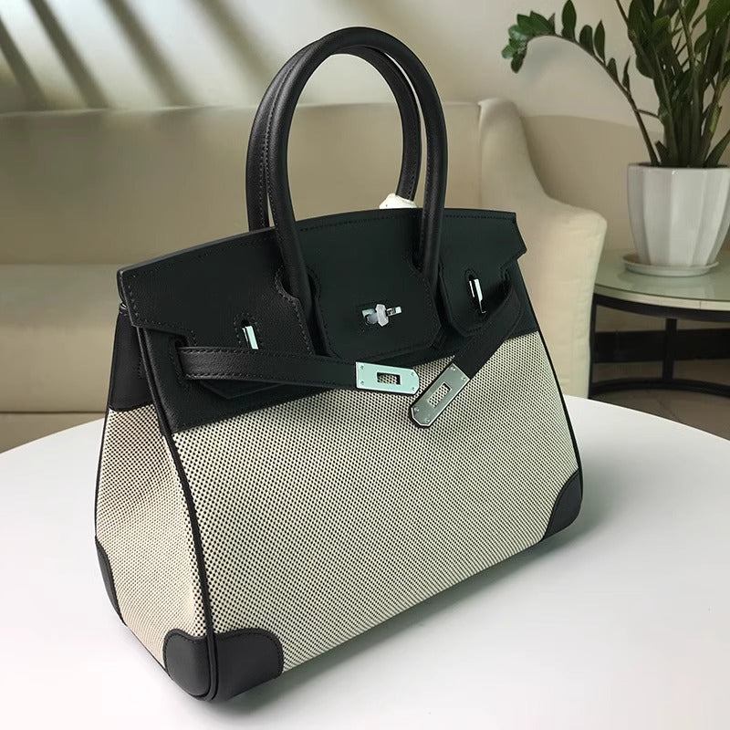 高品质时尚简约铂金包帆布拼接swift牛皮女包休闲桶包手提单肩包