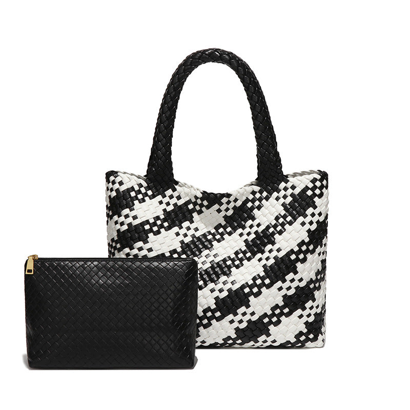 欧美复古大容量通勤手提包时尚简约手工编织包软皮百搭单肩子母包