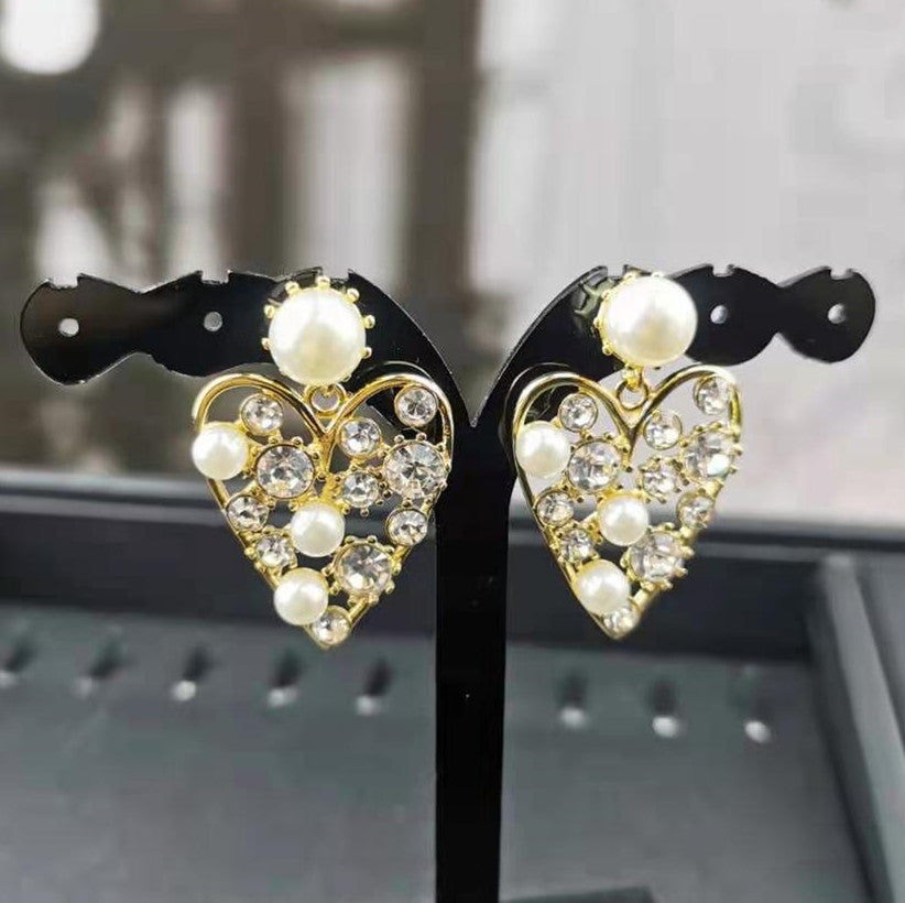 赛家耳环爱心镂空满钻珍珠珍珠水晶闪闪时尚气质欧美心形耳钉女
