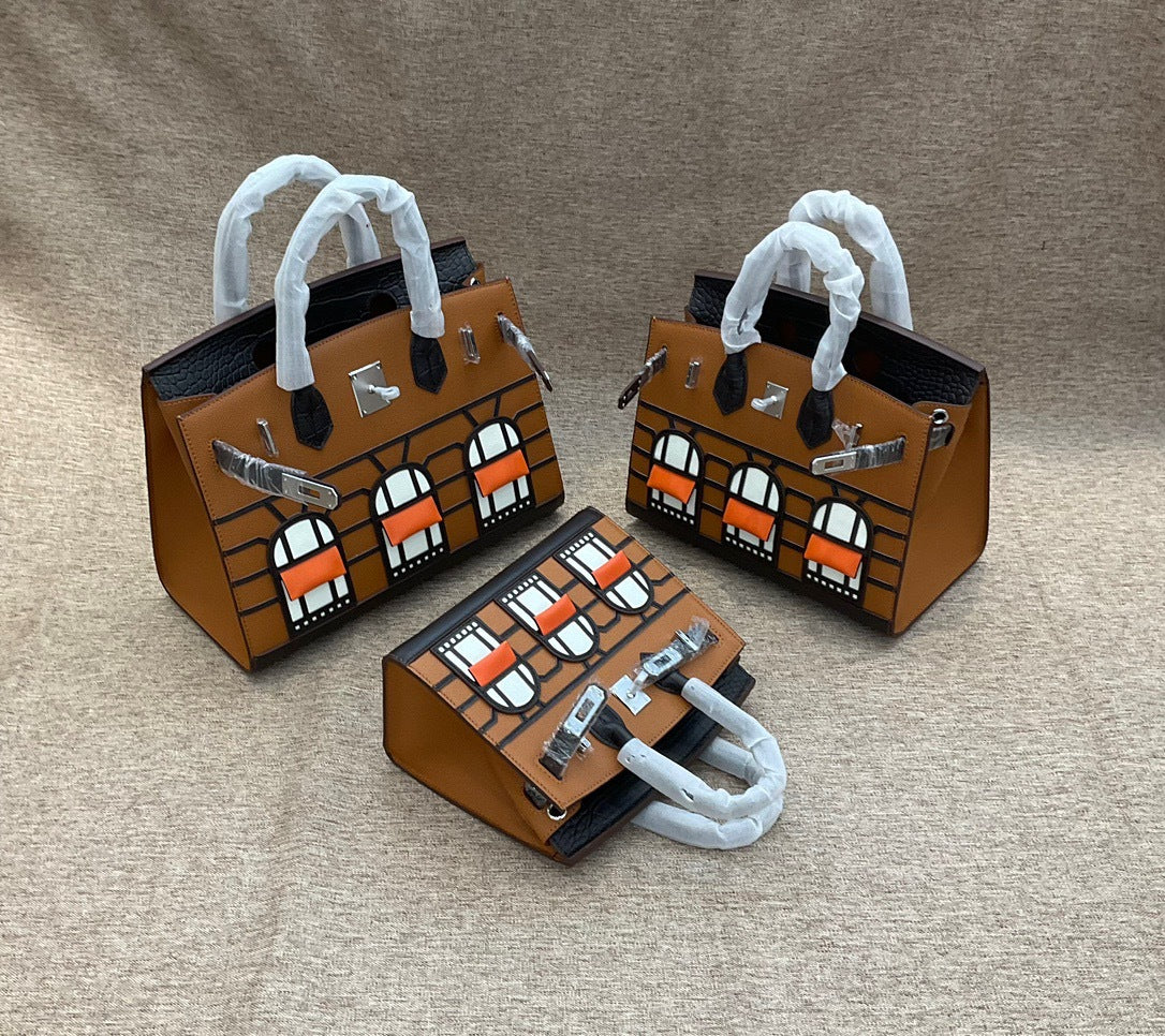 2024真皮手掌纹拼鳄鱼纹牛皮小房子包铂金包时尚拼色手提斜跨女包