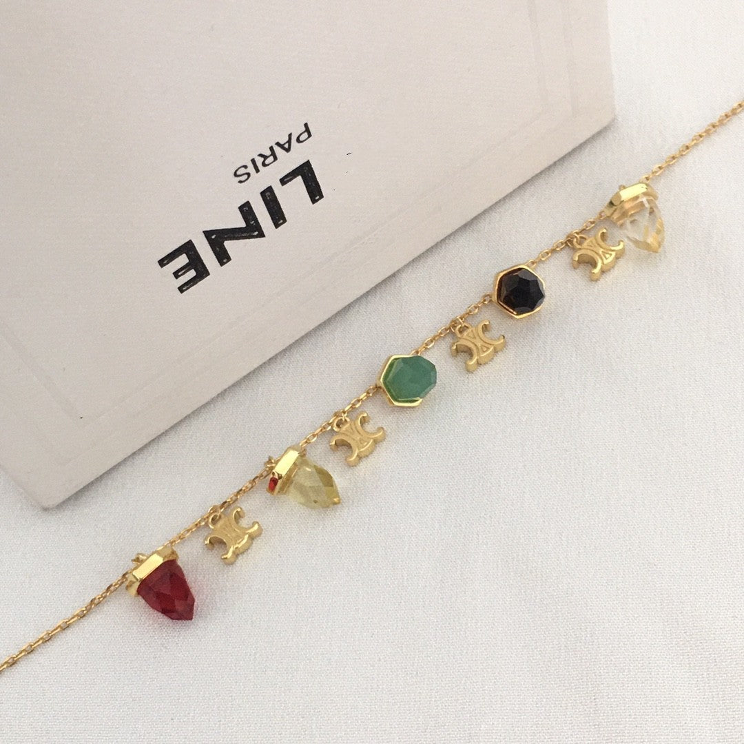 赛家新款彩色凯旋门琉璃项链女高级感个性气质黄铜镀金锁骨链