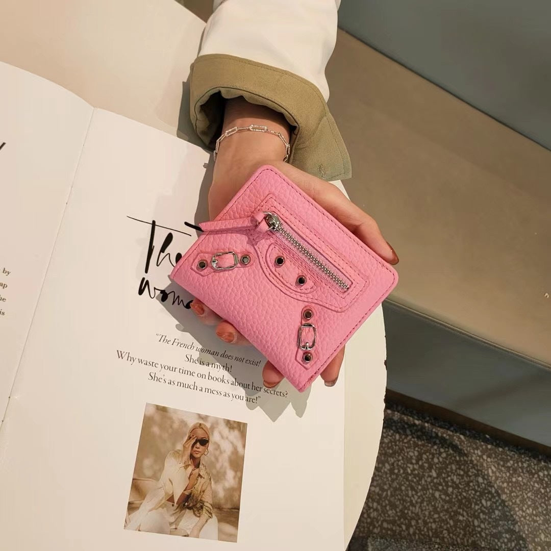 头层牛皮机车三折钱包女士小众风韩版短款钱夹大容量零钱一体卡包