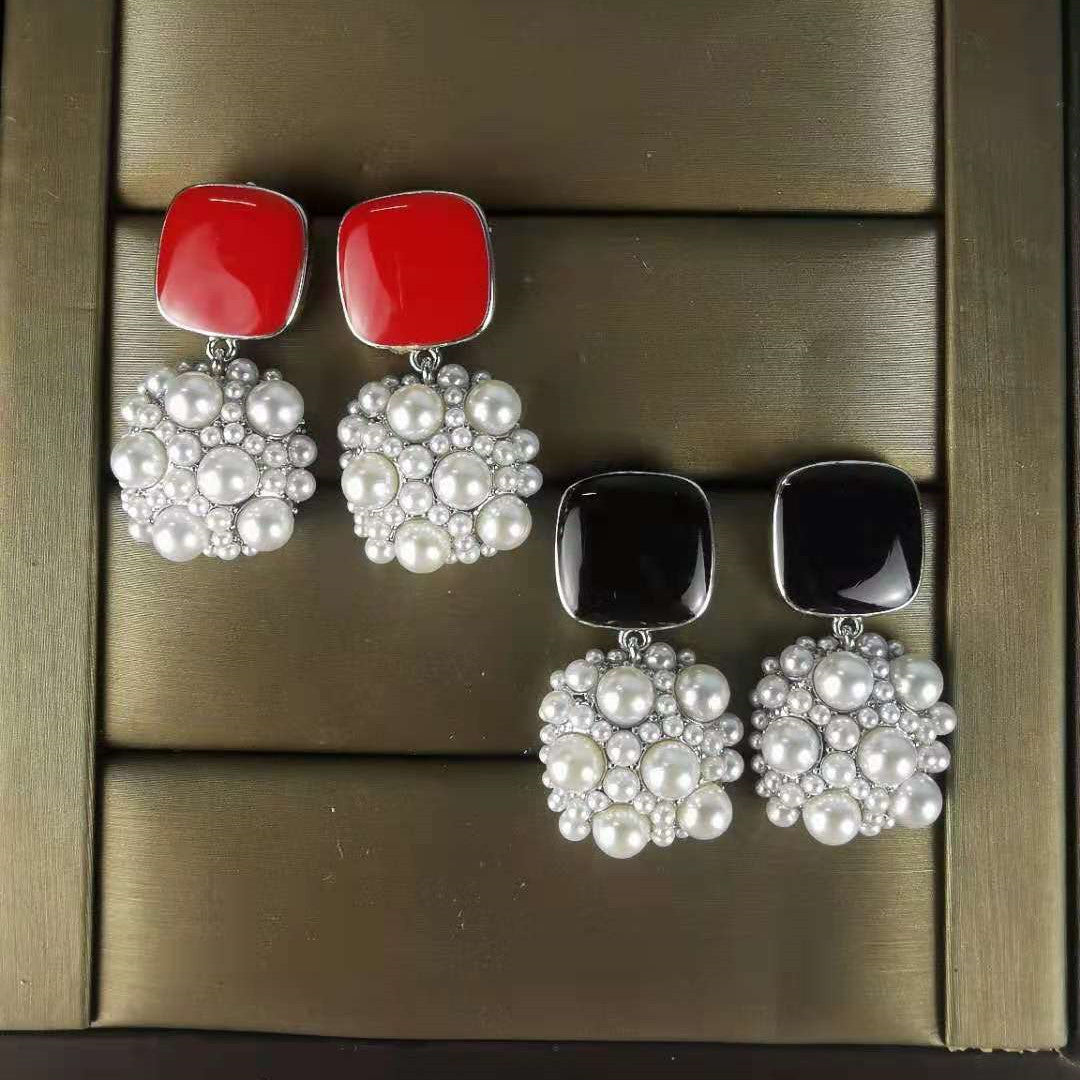 赛林家2021年新款耳环韩国气质感轻奢高级感镶钻珍珠方形耳钉女