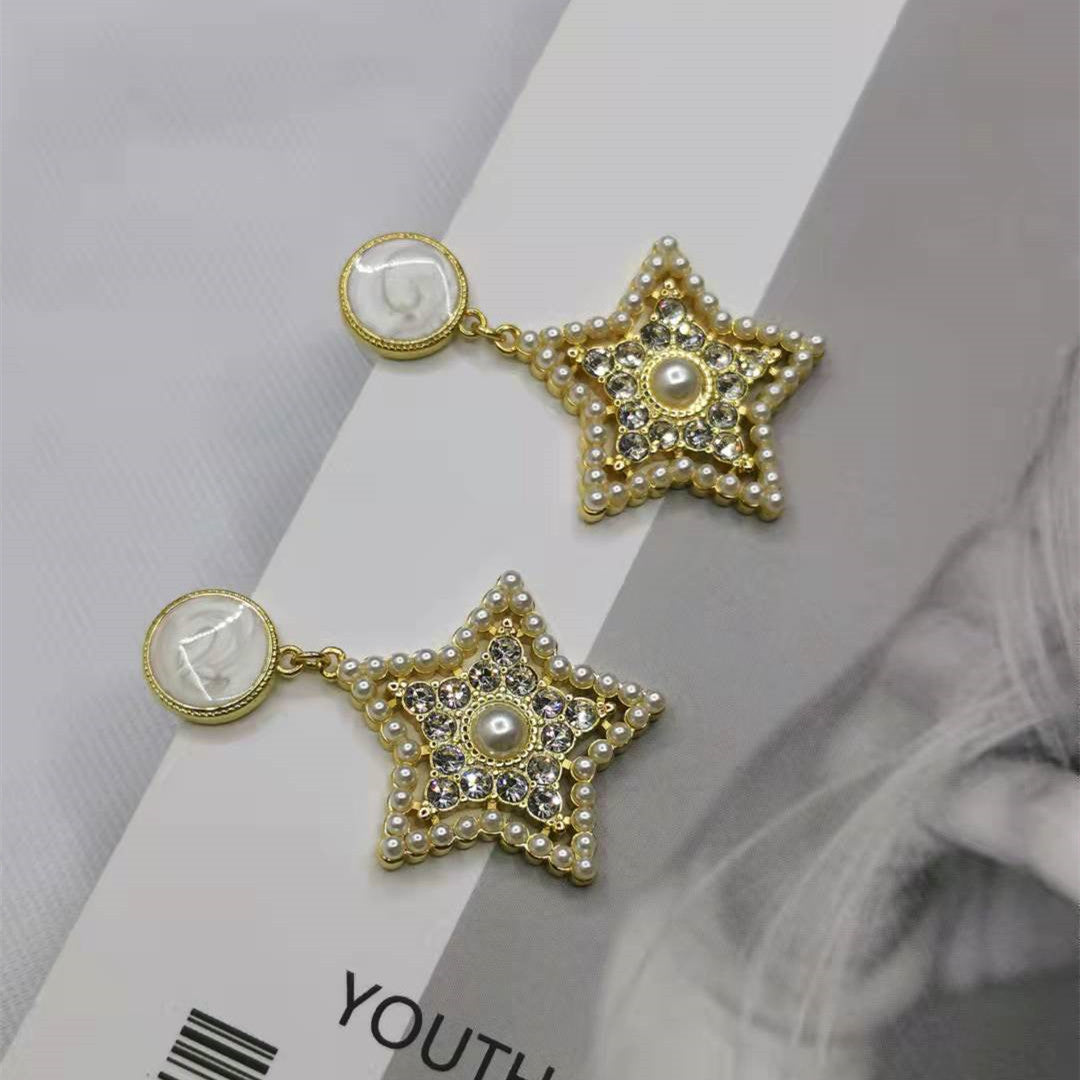 缪家21新款仿水晶珍珠五角星耳坠耳钉女高级感气质满钻星星形耳钉