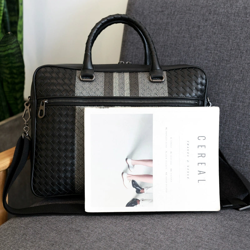 手提包男真皮商务公文包牛皮编织男包单肩斜挎包电脑包男士公文包