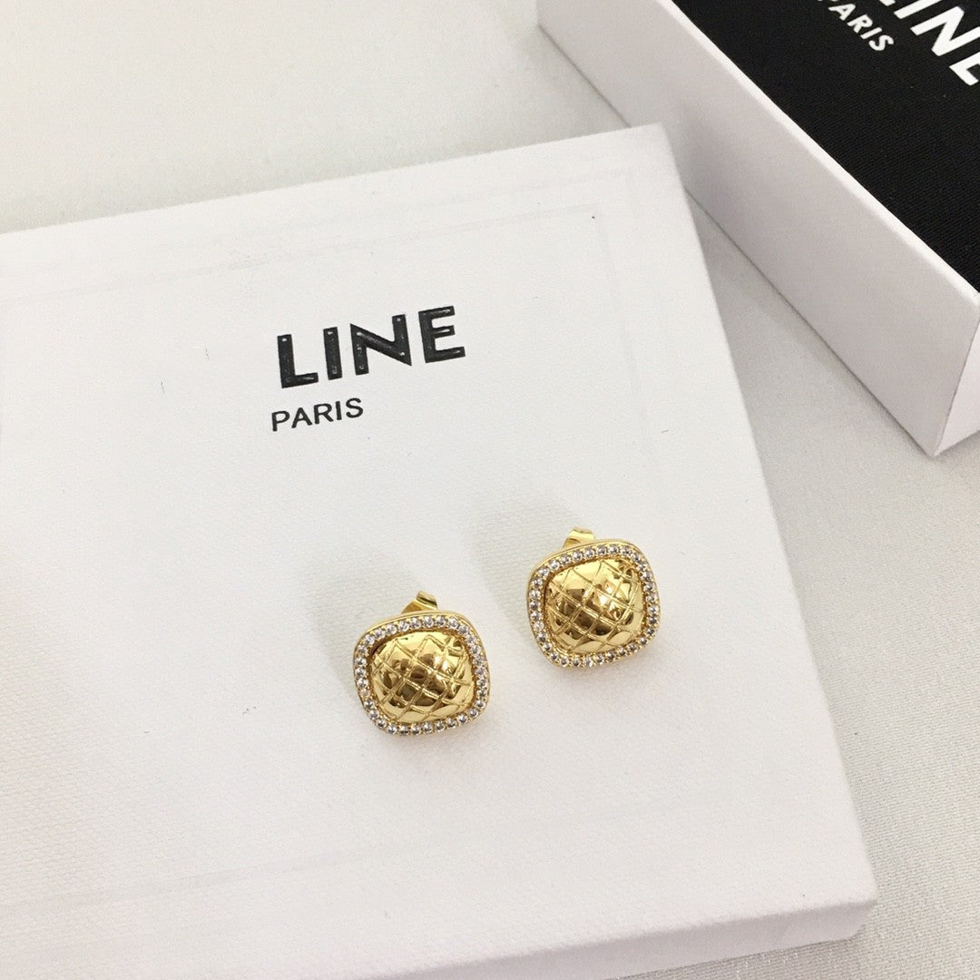 赛家新款几何方形微镶网状耳钉女潮港风ins耳饰四方镶钻格纹耳环