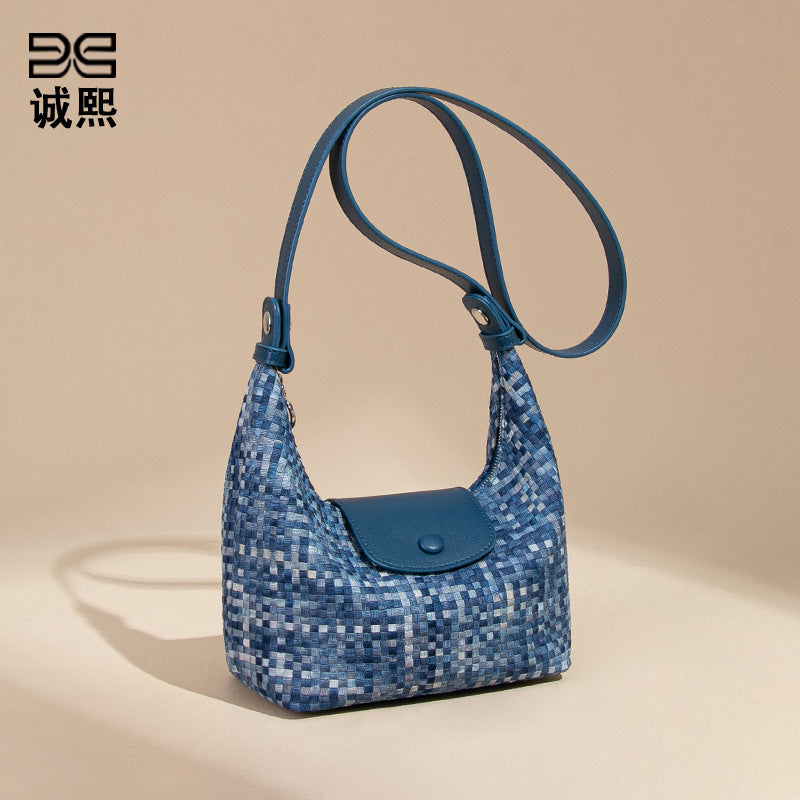潮流新款拼接手拎饭盒包时尚手工编织女包休闲百搭小众单肩斜跨包