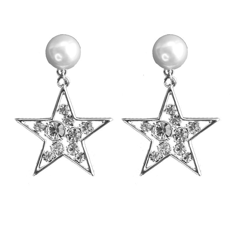 缪家新款珍珠耳环星星水晶耳坠气质时尚简约五角星形珍珠耳钉女