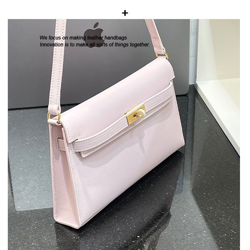 真皮牛皮凯莉包包女百搭单肩腋下包高级感2024新款复古手提法棍包