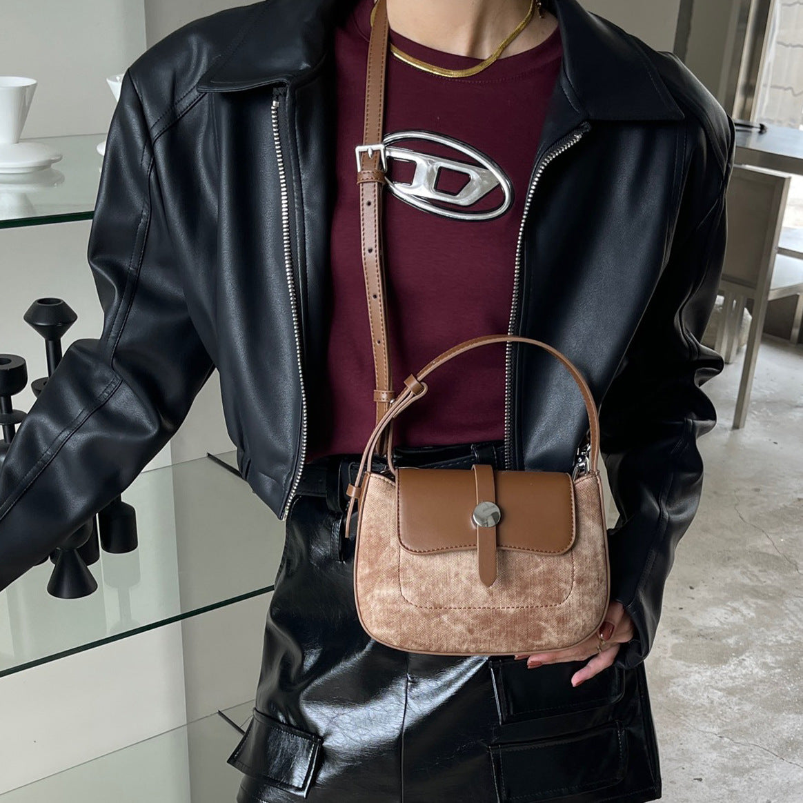 韩版时尚马鞍包真皮潮精致手提小包包女2023秋冬新款单肩斜跨包