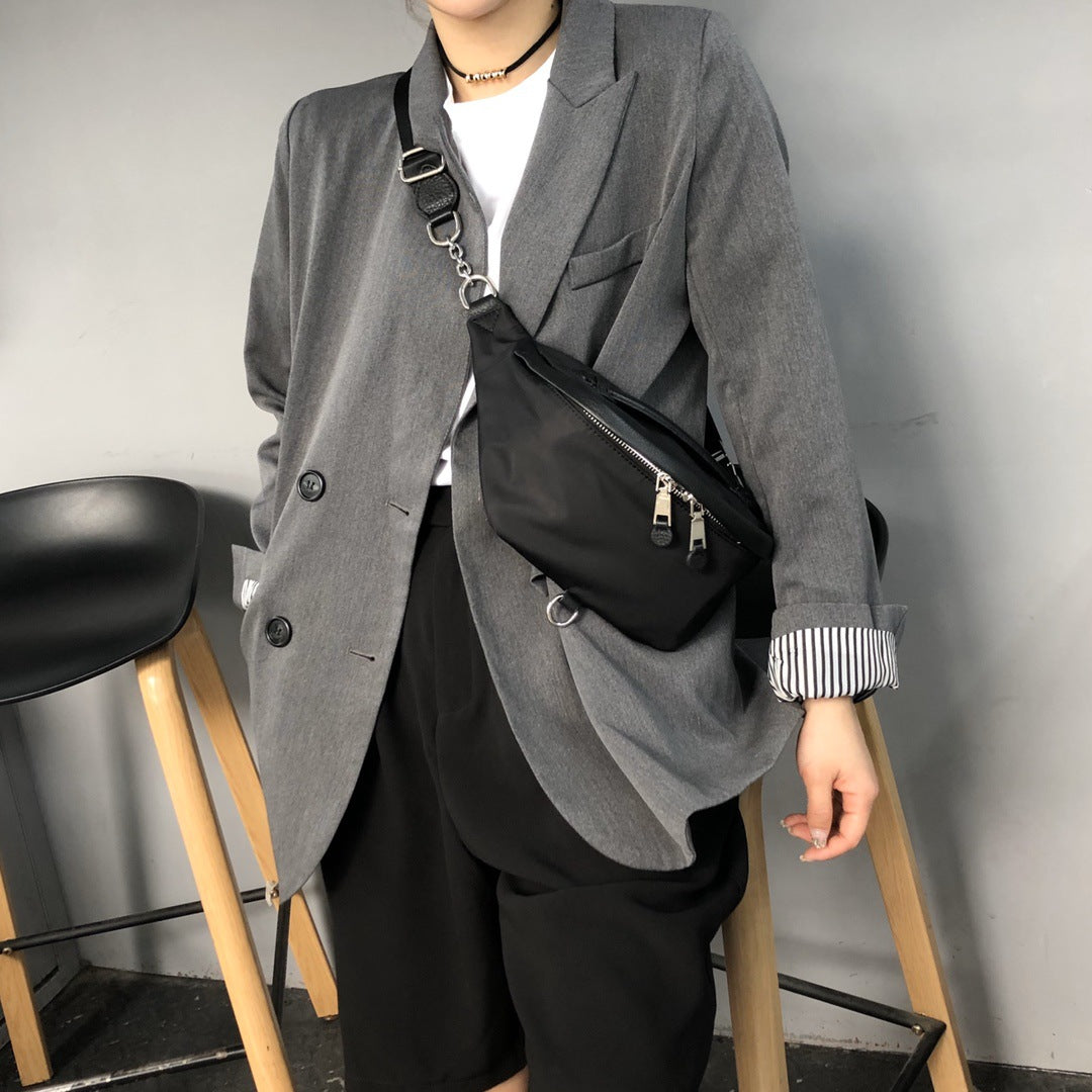 头层牛皮配牛津布胸包女ins潮休闲斜挎包百搭时尚腰包蹦迪包 代发