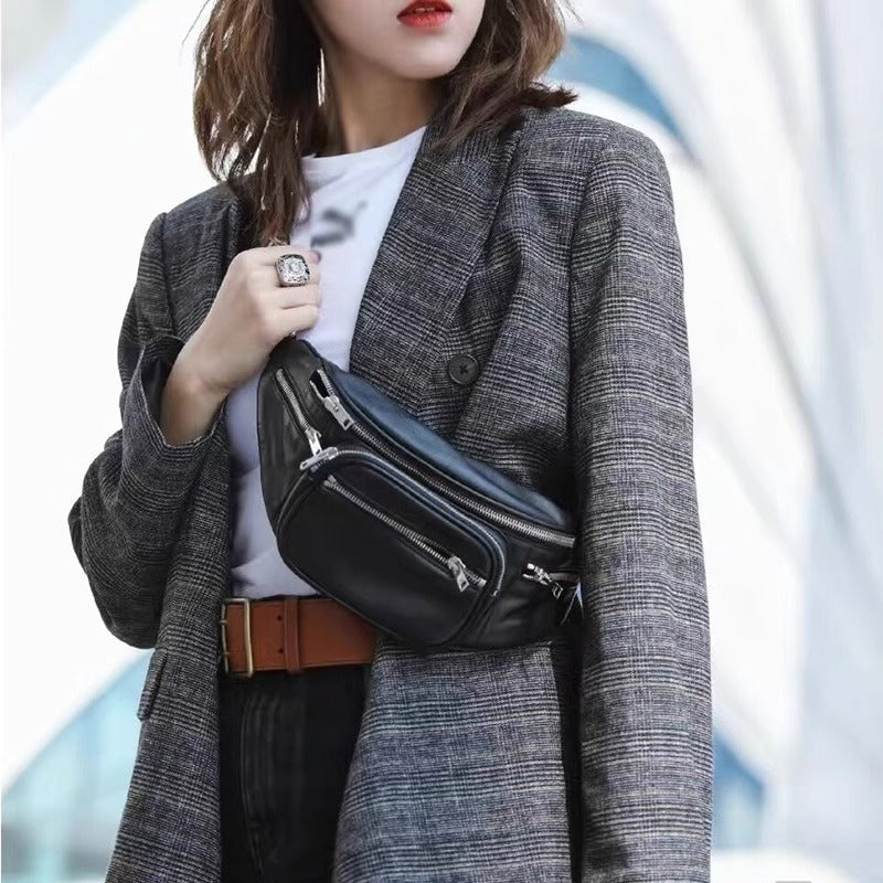 腰包女潮ins桑稚赵露思同款羊皮女胸包真皮百搭单肩斜挎链条小包