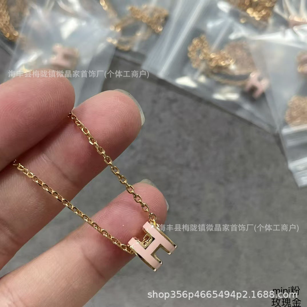 高版本H家H字母项链珐琅精工CNC锁骨链厂家直销S925银镀18K玫瑰金