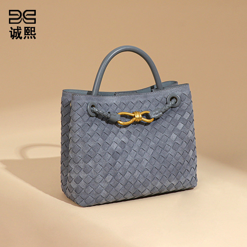 欧美高级感手提托特包秋冬复古磨砂麂皮绒编织女包时尚单肩斜跨包