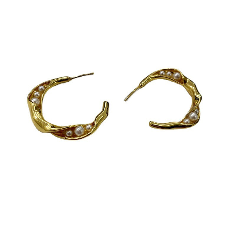 赛家新款C型豌豆荚珍珠耳环C形个性法式复古时尚扭曲珍珠耳钉女