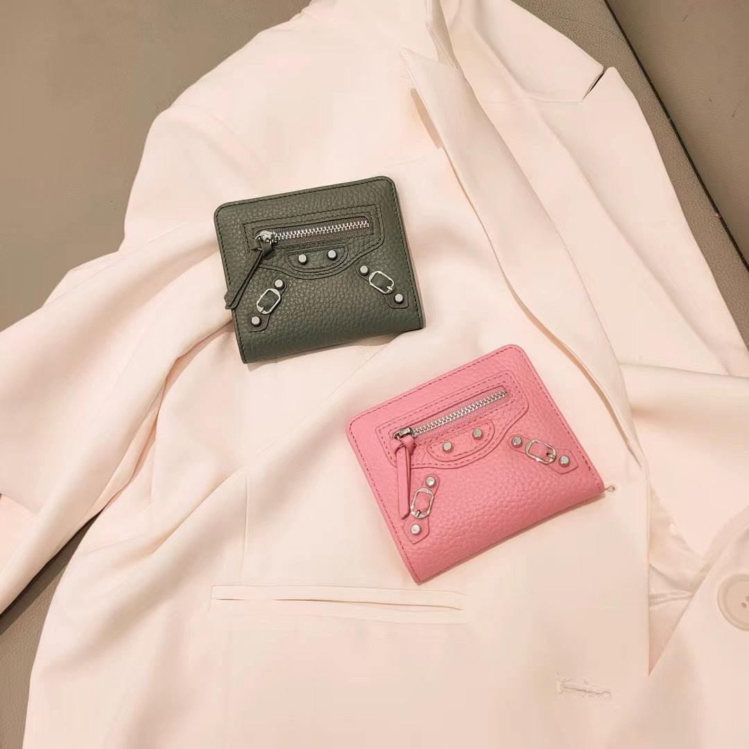 头层牛皮机车三折钱包女士小众风韩版短款钱夹大容量零钱一体卡包