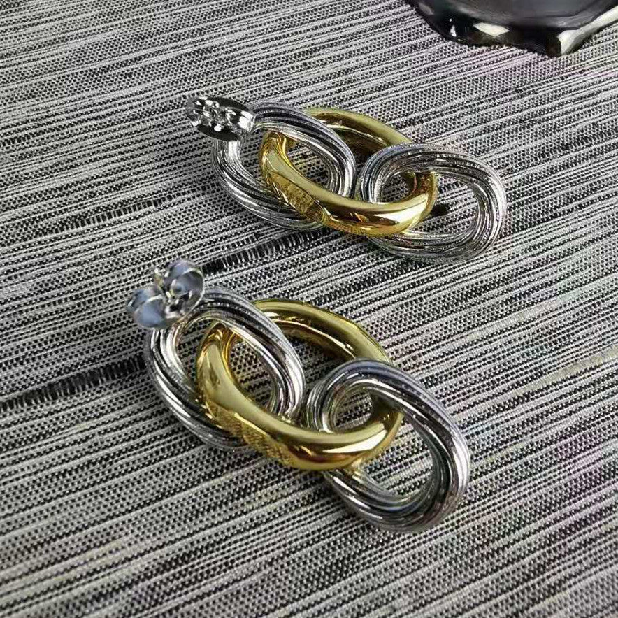 巴家新款链条耳环耳坠ins简约时尚复古拼色椭圆环三环扣耳钉女