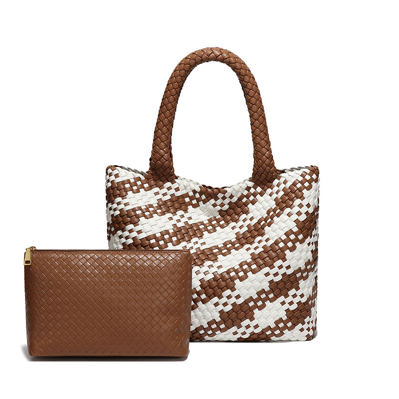 欧美复古大容量通勤手提包时尚简约手工编织包软皮百搭单肩子母包