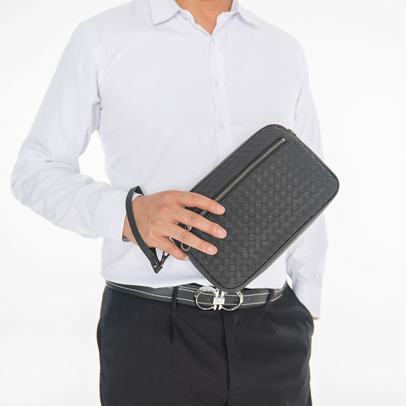 X&BV真皮单肩包男斜挎包休闲编织横款迷你韩版多功能手拿包男手包