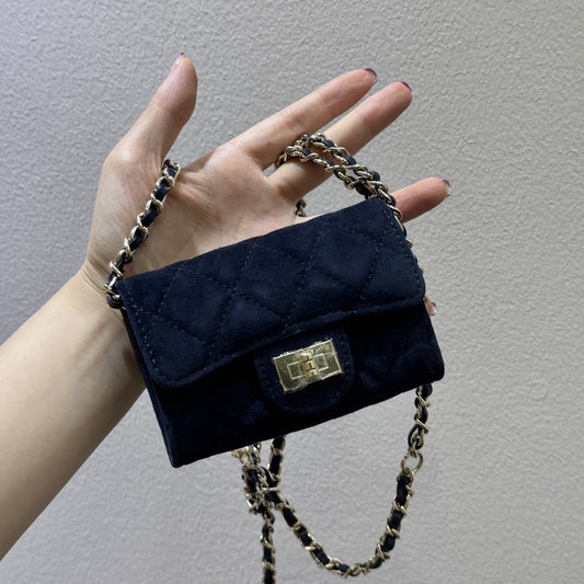 头层牛皮磨砂mini小方包卡包钱包腰包多功能菱格链条包迷你口红包