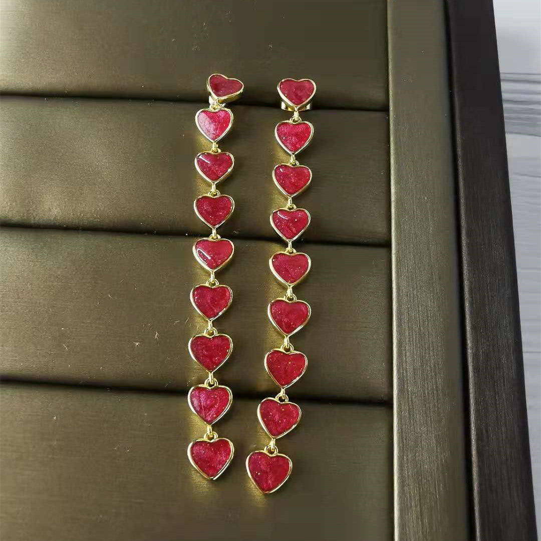 赛林新款桃心耳钉彩虹糖果色红色金珐琅耳坠滴釉渐变爱心气质耳环