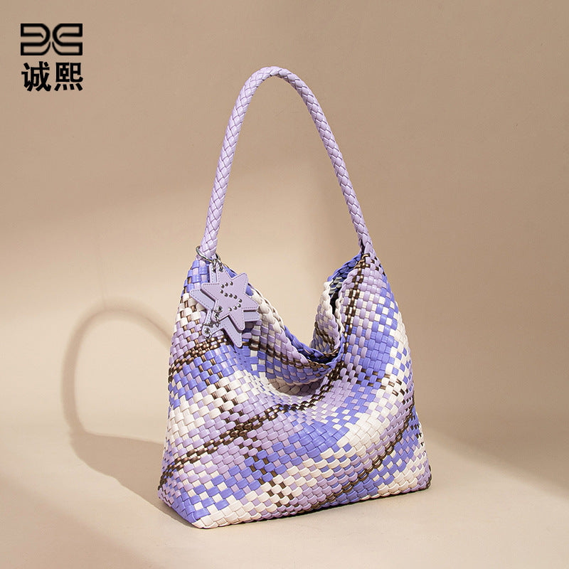 跨境新款拼色子母单肩托特女包大容量百搭腋下包全手工编织手提包