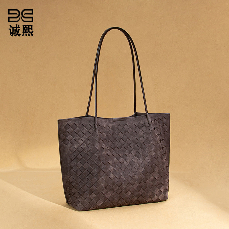 秋冬新款大容量单肩腋下女包编织磨砂手提包质感潮流子母托特包女